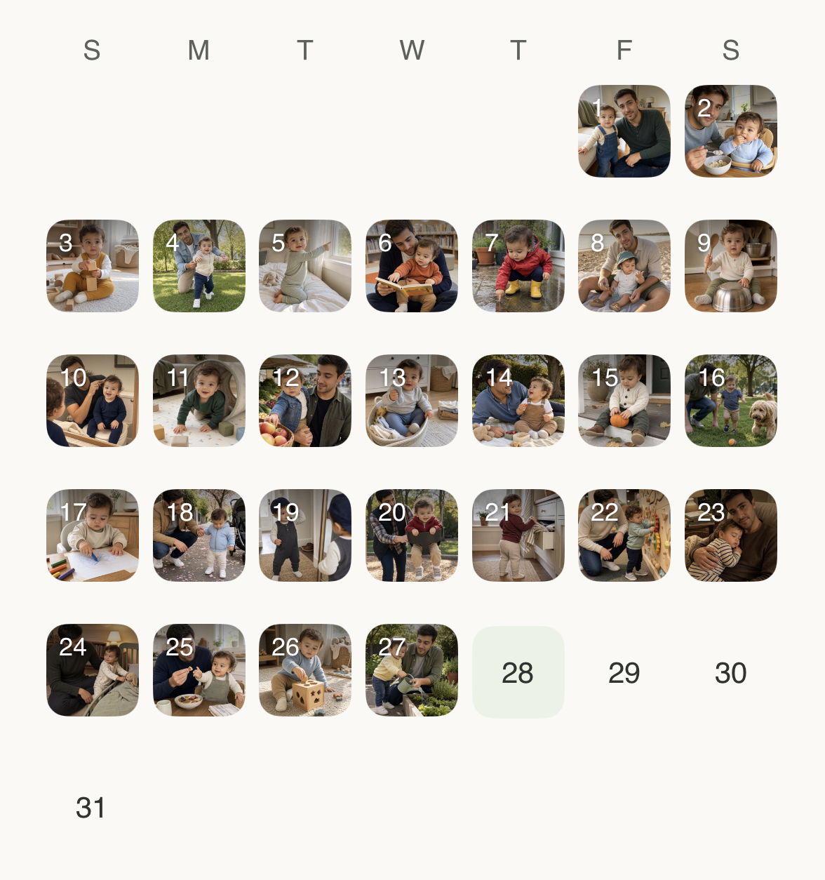 Tiny Days app calendar grid filled with photo memories