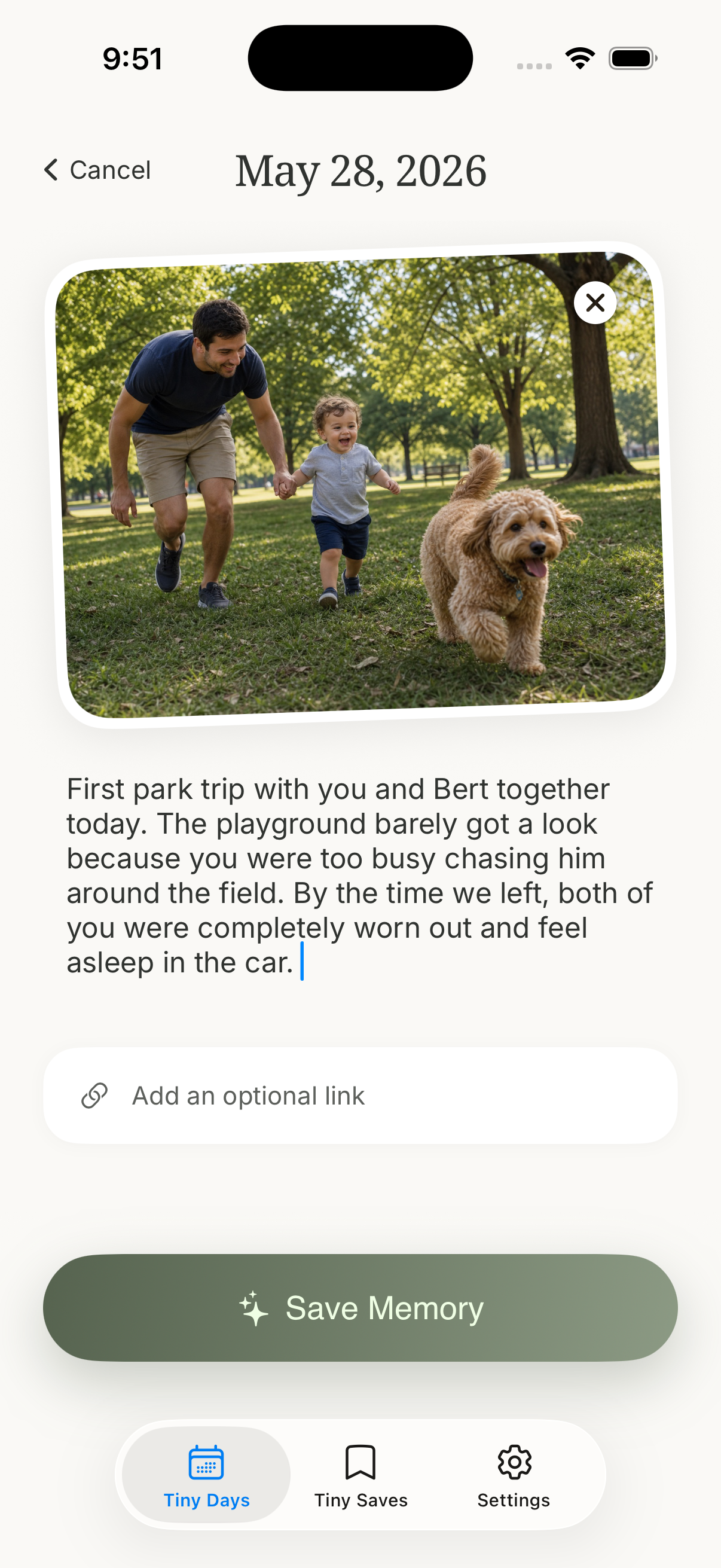 Tiny Days app entry screen with a photo and memory text