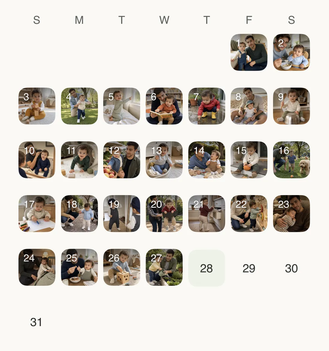 A month in the Tiny Days calendar, with a photo of a dad and his son filling each day from the 1st through the 27th.