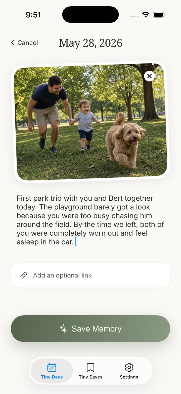 The Tiny Days entry screen for May 28, 2026, showing a photo of a dad, his toddler, and their dog in a park, with a short written memory below it.